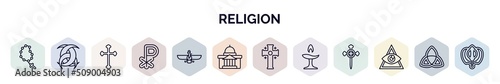 set of religion web icons in outline style. thin line icons such as bead, odin, catholicism, chi rho, faravahar, vatican, greek cross, unitarian universalism, caodaism icon.