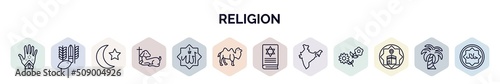 set of religion web icons in outline style. thin line icons such as henna painted hand, four species, crescent moon and star, lamb of god, allah word, dromedary, torah book, india, qibla