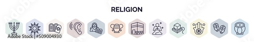 set of religion web icons in outline style. thin line icons such as jewish candles, arabic art, halakha, ohr, moses, manna jar, kaaba mecca, meditation, karma icon.