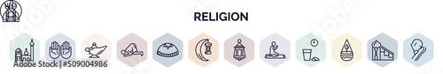 set of religion web icons in outline style. thin line icons such as islamic mosque, islamic pray, arabian magic lamp, ruku posture, yarmulke, ramadan crescent moon, arabic lamp, islamic friday