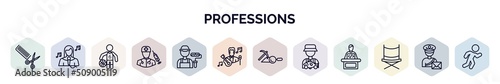 set of professions web icons in outline style. thin line icons such as hairdresser, singer, basketball player, surgeon, dyer, musician, archeologist, fisherman, director icon.