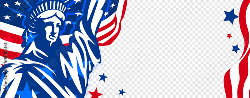 American transparent banner background with waving flag, and statue of liberty. Vector design. 