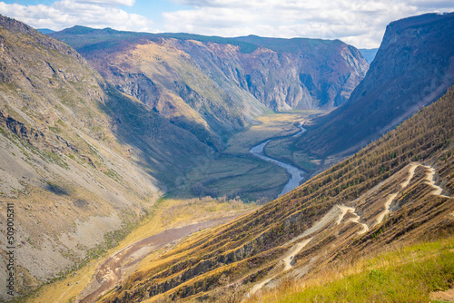 Mountain pass Katu-Yaryk with view on valley of the mountain river Chulyshman, Altai, Russia