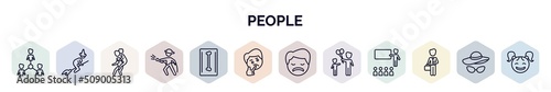 set of people web icons in outline style. thin line icons such as team success, witch flying broom, give a piggy back ride, firefighter working, radiologist working, thinking smile, sad smile, man