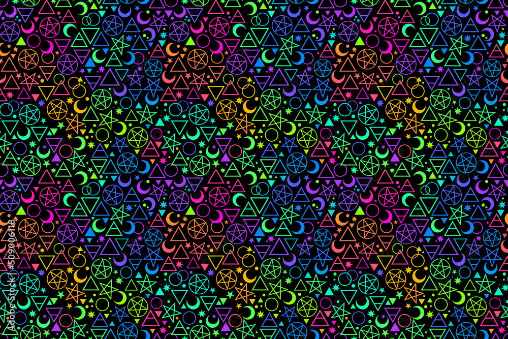 seamless pattern of colourful alchemical signs on a black background
