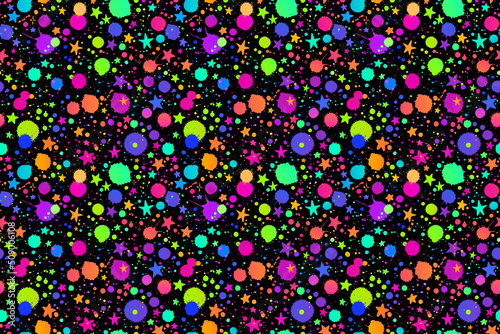 seamless illustration of bright drops of paints on a black background