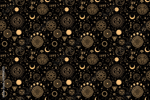 seamless esoteric pattern with different alchemical elements