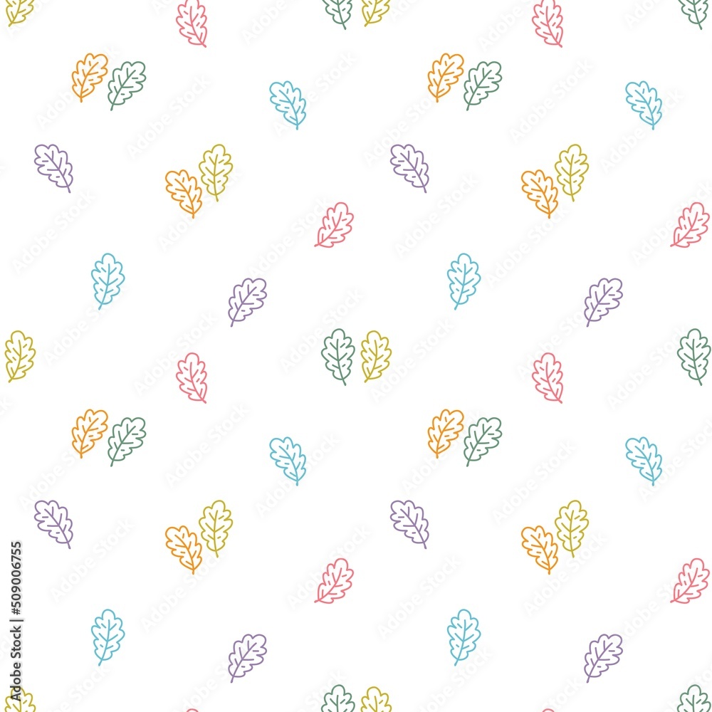 Cute oak tree leaves hand drawn seamless vector pattern. Outline vintage texture. Colorful floral background for wrapping paper, textile, print, apparel, fabric, wallpaper, card, gift, packaging. Cute oak tree leaves hand drawn seamless vector pattern. Outline vintage texture. Colorful floral background for wrapping paper, textile, print, apparel, fabric, wallpaper, card, gift, packaging.