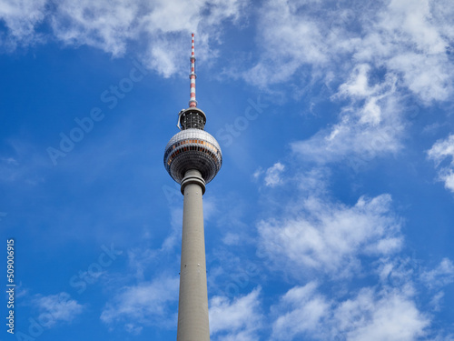 Berliner Fernsehturm, a large television tower in Alexanderplatz, in the district of Mitte. Berlin, Germany, Europe