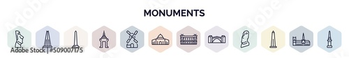 set of monuments web icons in outline style. thin line icons such as easter island, the, national mall, cambodia, kinderdijk windmills, dome of the rock, palais garnier, stari most, obelisk of bue