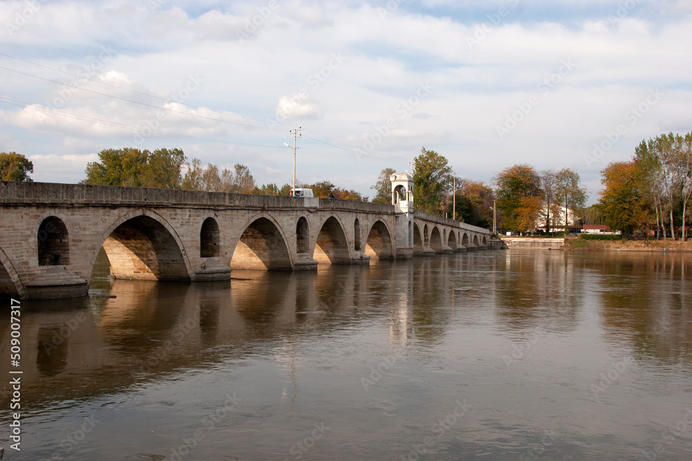 Meric River and the bridge in Edirne, Turkey