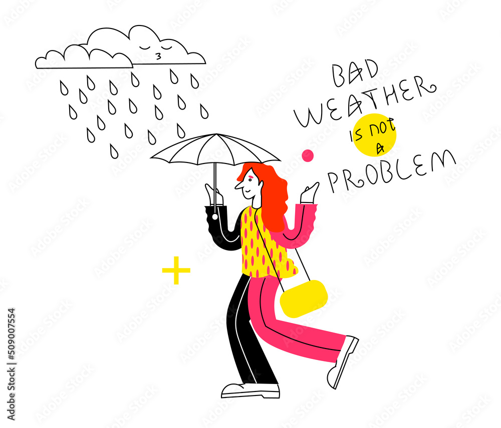 A happy girl walks in the rain and holds an umbrella. Cute doodle design with a man. The inscription bad weather is not a hindrance for a walk. Modern woman design. A happy girl walks in the rain and holds an umbrella. Cute doodle design with a man. The inscription bad weather is not a hindrance for a walk. Modern woman design.