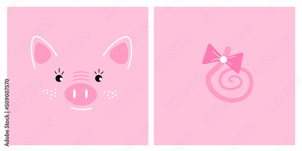 Little piggy graphics. Hand drawn illustration with cute little piggy face and seamless pattern. Kid piggy animal character. Baby poster, nursery wall art, card, room decoration.