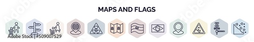 set of maps and flags web icons in outline style. thin line icons such as throw to the bin, vintage, use dust bin, placeholder point, radiactive, maps and flags, flags, square flag, land slide,