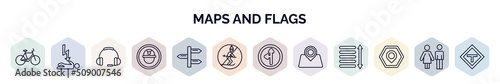 set of maps and flags web icons in outline style. thin line icons such as bicycle, electrocution risk, ear protection, mine site, divarication, no skiing, road left side, map localization, maps