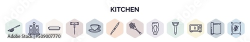set of kitchen web icons in outline style. thin line icons such as strainer, spice jar, tray, corkscrew, saucer, steak knife, honey dipper, sauces, microwave oven icon.