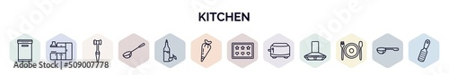set of kitchen web icons in outline style. thin line icons such as dishwasher, kitchen cabinet, meat tenderizer, ladle, olive oil, pastry bag, molded, toaster, dinner icon.