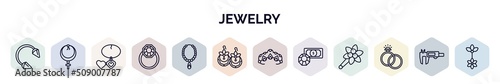 set of jewelry web icons in outline style. thin line icons such as piercing, anj, locket, jewelry, pearl necklace, earring, tiara, pawn shop, engagement icon.