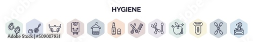 set of hygiene web icons in outline style. thin line icons such as microbes, toilet brush, body odour, water heater, face towel, lip balm, grooming, cotton swab, depilator icon.