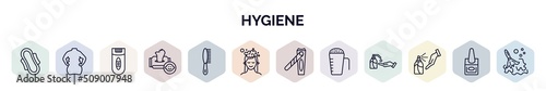 set of hygiene web icons in outline style. thin line icons such as hygienic pad, body shaming, epilator, baby wipe, primp, hair washing, nail clippers, detergent dose, antiseptic icon.