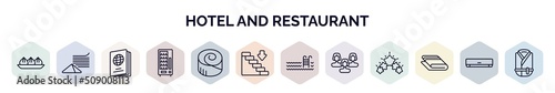 set of hotel and restaurant web icons in outline style. thin line icons such as dim sum, napkins, passport, vending hine, cinnamon roll, go down, pool, people, towels icon.