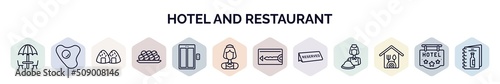 set of hotel and restaurant web icons in outline style. thin line icons such as beach umbrella, fried egg, onigiri, takoyaki, elevator, servant, key card, reserved, restaurant icon.