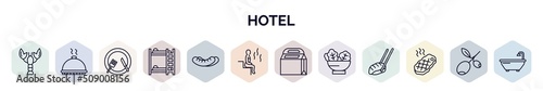 set of hotel web icons in outline style. thin line icons such as lobster, dish, food, bunk bed, sausage, sauna, take away, salad, steak icon.
