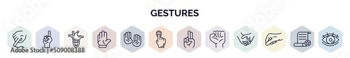 set of gestures web icons in outline style. thin line icons such as smudge, finger up, joker face, hand up, deaf, drag down, two fingers up, hand gesture, grab icon.