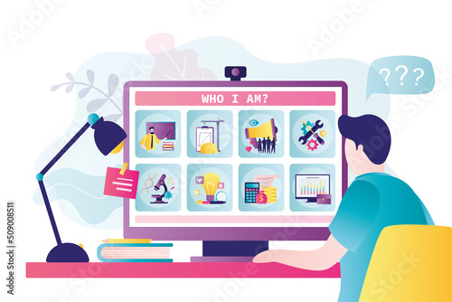 Man doesn't know what job to choose. Icons of different professions on computer screen