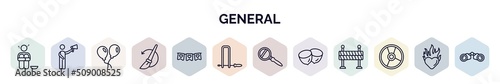 set of general web icons in outline style. thin line icons such as poverty, leader with loudspeaker, floating balloons, history brush, party decoration, fretsaw, magnifiying glass, nuts, cd record,