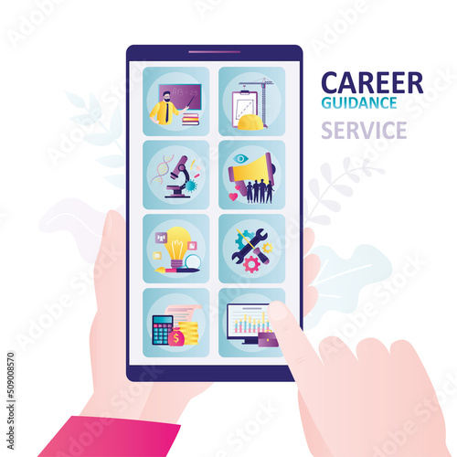 Application on phone screen to search for vacancies for different professions. Career guidance service