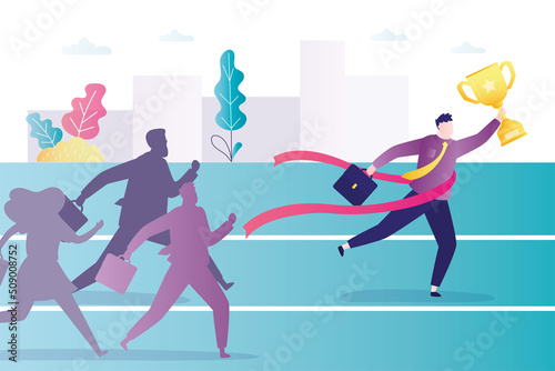 Guy wins business competition. Businessman successfully overcomes obstacles and gets trophy. Concept of career race and achievements of goals. Man rips off finish line tape. Winner and losers.