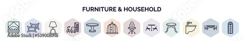 set of furniture & household web icons in outline style. thin line icons such as canopy bed, pillows, lamps, livingroom, dining table, bird cage, desk chair, card table, bidet icon.