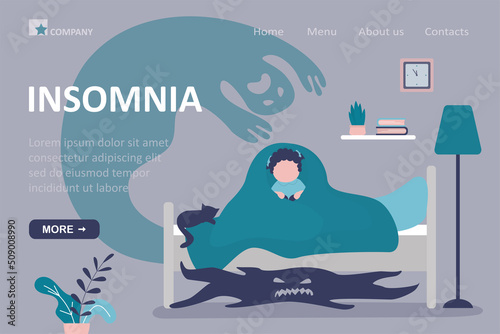 Insomnia, landing page template. Frightened kid hiding under blanket from monster. Little girl scared of ghost under bed. Childhood nightmares, childish fears. Bedroom interior.