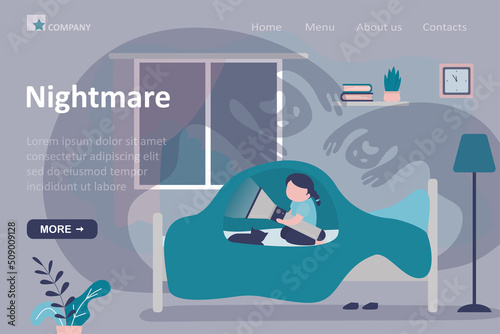 Girl hiding under blanket from ghosts. Child with flashlight frightened by specters in bedroom. Childhood fears, nightmares, landing page template. Insomnia. Kid scared by imaginary monsters.