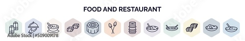 set of food and restaurant web icons in outline style. thin line icons such as pamonha, restaurant service, sour soup, sachima, moon cake, tanghulu, beer keg, tong sui, dongpo pork icon.