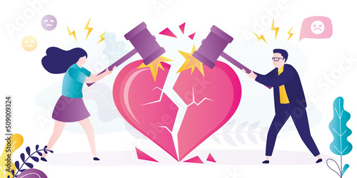 People with hammers break heart into many pieces. Couple decides to break up due to quarrels and conflicts