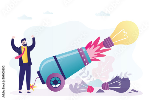 Entrepreneur shoots successful idea from a cannon. Brainstorming, glowing idea light bulb. Pitch idea. New business development. Businessman want makes money. Innovation, concept.