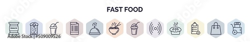 set of fast food web icons in outline style. thin line icons such as snack, burrito, beverage, receipt, hot dish, noodles, frappe, online, preparation icon.