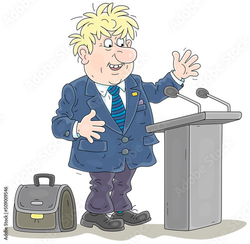 Government official making an important statement at a press conference, vector cartoon illustration isolated on a white background