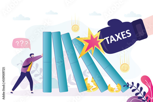Domino effect. Big boxing glove hits dominoes. High taxes ruin business. Risk management. Male entrepreneur is trying to keep enterprise under control. Business insurance.