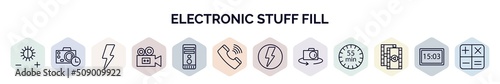 set of electronic stuff fill web icons in outline style. thin line icons such as brightness option, camera timer, blitz flash, old video camera, computer tower, phone receiver, flash, flip camera,