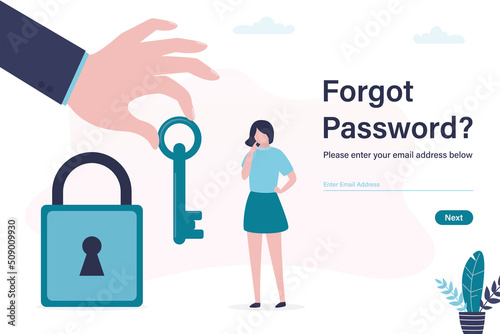 Unhappy woman user forgot her account password. Assistance in recovering profile and account data. The hand gives the key to the lock. Internet support.