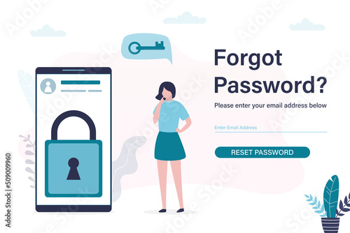 Unhappy woman user forgot her account password. Assistance in recovering profile and account data. Mobile phone with padlock on screen. Internet support, customer service.