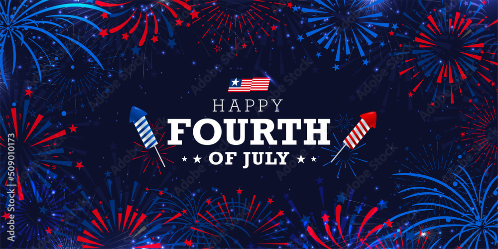 united states of America 4th of July celebration banner background with firework burst on navy blue background with greeting lettering. Vector design.  - obrazy, fototapety, plakaty 