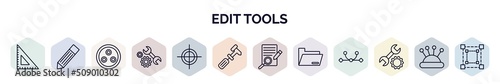 set of edit tools web icons in outline style. thin line icons such as school triangle, pen edit, quark, repair tools, registration mark, cobbler, defining, folders, repair tool icon.