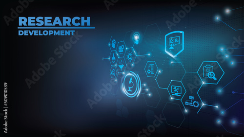 Research  development vector illustration. Concept with connected icons related to project management, product design or engineering, business development