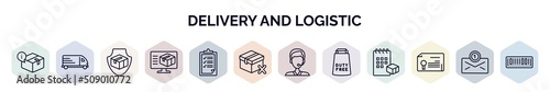 set of delivery and logistic web icons in outline style. thin line icons such as delivery info, cargo bus, delivery shield, monitor, clipboard, cancelled, support, duty free, waybill icon.