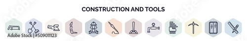 set of construction and tools web icons in outline style. thin line icons such as metal saw, shovel and fork, sanding hine, jackknife, mechanic working, iron soldering, soil, relief valve, pickaxe,