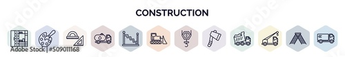 set of construction web icons in outline style. thin line icons such as big clo, pallete, angle ruler, fuel truck, stairs with handle, bulldozer, pulley hook, inclined ax, crane truck icon.